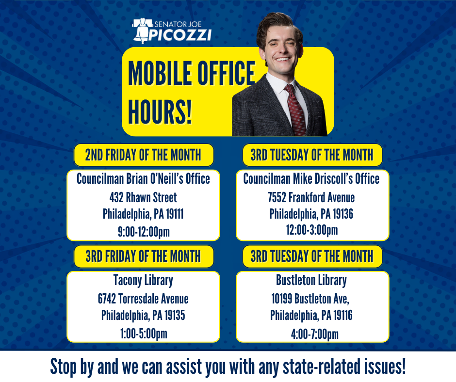 Image with all Sen. Picozzi's mobile office hours and locations