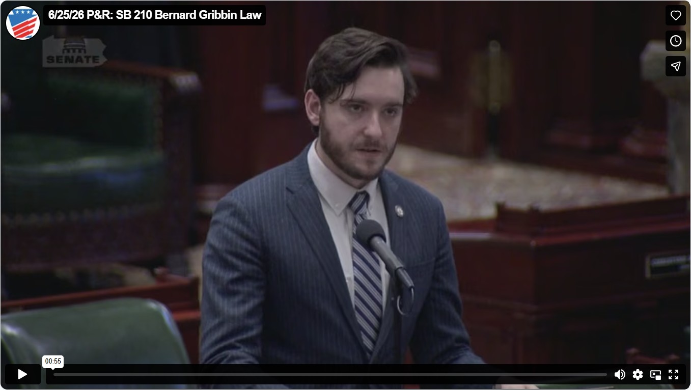 Screen shot of vimeo video of Sen. Picozzi's floor remarks on SB210 Bernard Gribbin Law.